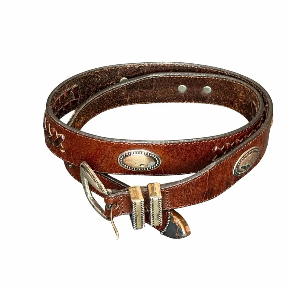 Vintage Latigo Leather Belt 34 Brown Antique Silver Concho Patina Braid Western‎